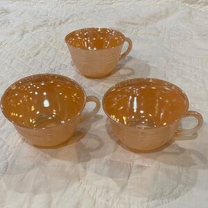 3 Fire-King Peach Lustre teacups in the "Three Bands" pattern Vintage Iridescent
